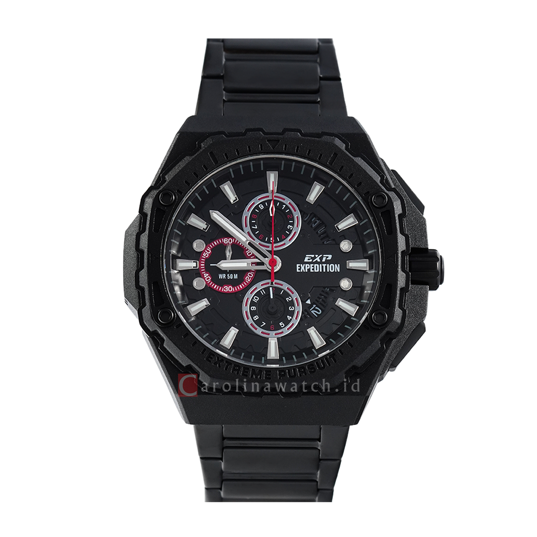 Jam Tangan Expedition EXP Chronograph EX 6824 MCBIPBARE Men Black Dial Black Stainless Steel Strap + Extra Strap