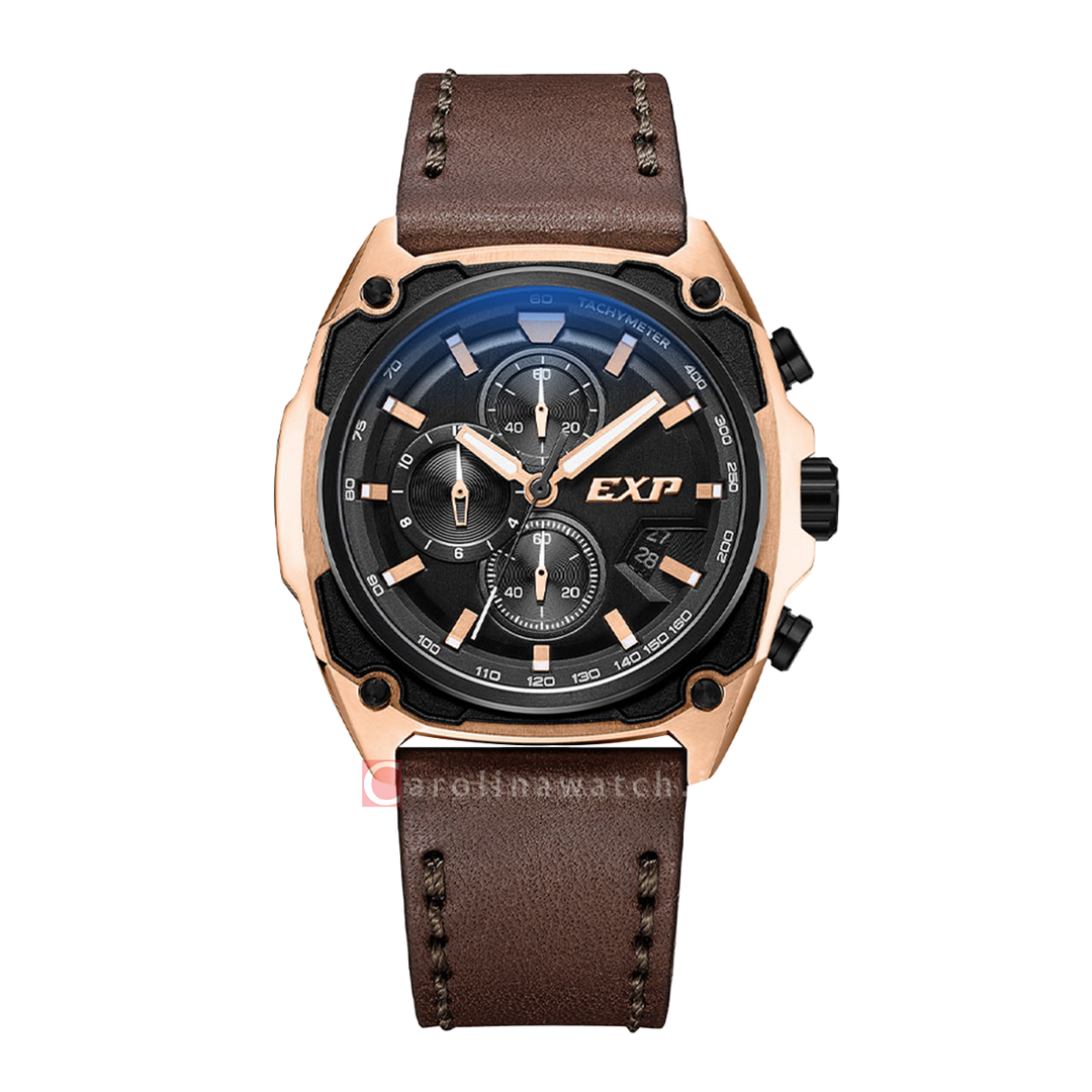 Jam Tangan Expedition EXP Chronograph EX 6835 MCLBRBA Men Black Dial Brown Leather Strap