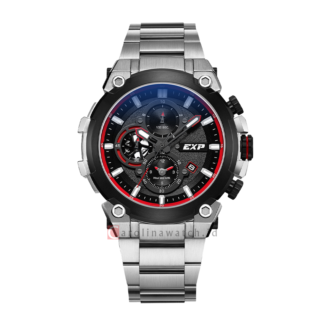 Jam Tangan Expedition EXP Chronograph EX 6841 MCBTBBARE Men Open Heart Black Red Dial Stainless Steel Strap