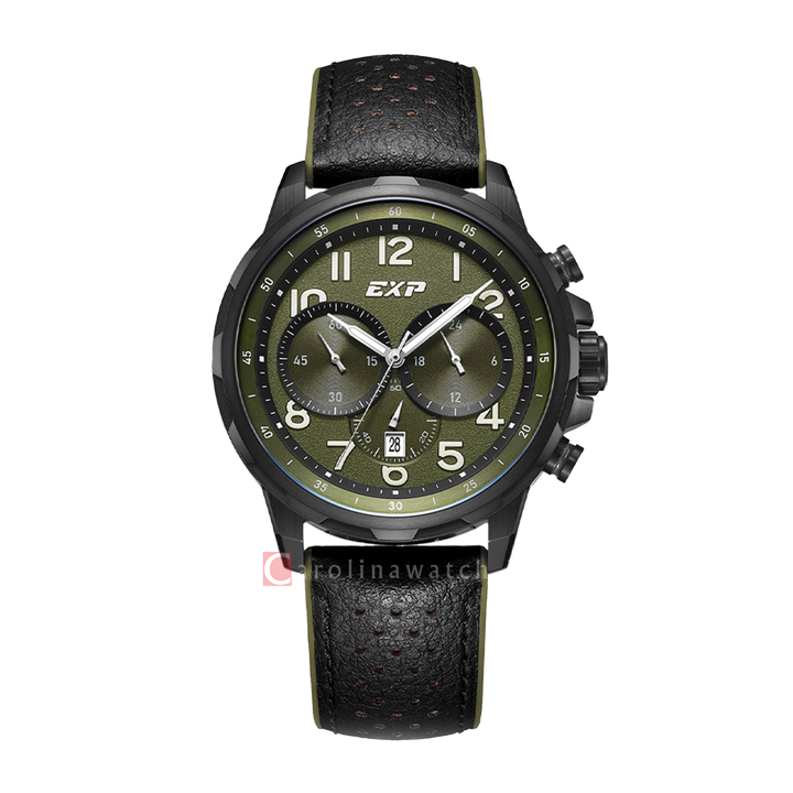 Jam Tangan Expedition EXP Sport EX 6843 MCRIPGN Men Chronograph Green Dial Black Leather Strap