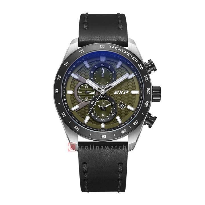 Jam Tangan Expedition EXP Multifunction EX 6847 MCLTBGN Men Chronograph Olive Green Dial Black Leather Strap