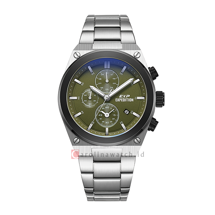 Jam Tangan Expedition EXP EX 6850 MCBTBGN Chronograph Men Olive Green Dial Stainless Steel Strap