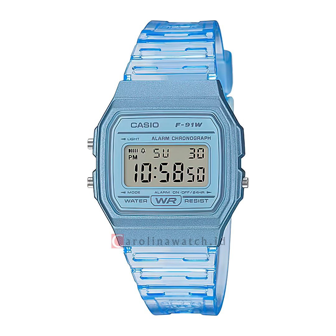 Jam Tangan Casio POP F-91WS-2D Women Digital Dial Blue Transparent Resin Band