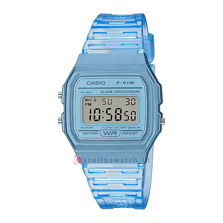 Jam Tangan Casio POP F-91WS-2D Women Digital Dial Blue Transparent Resin Band