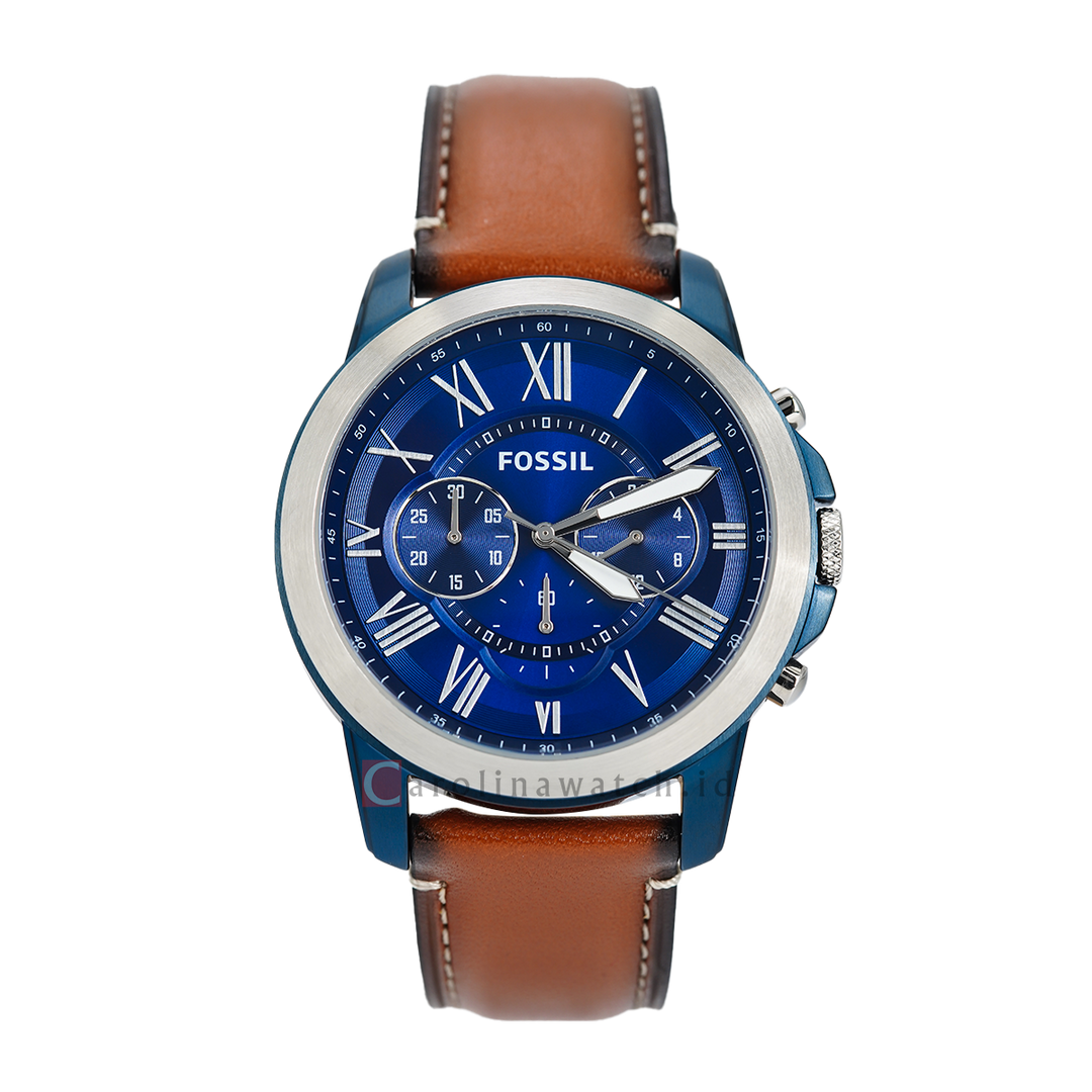 Jam Tangan Fossil Grant FS5151 Chronograph Men Blue Dial Brown Leather Strap