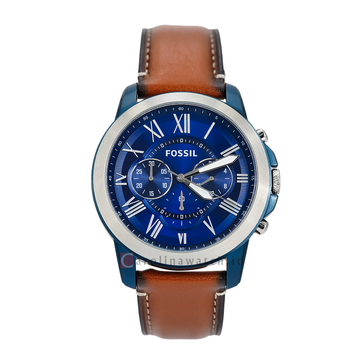 Jam Tangan Fossil Grant FS5151 Chronograph Men Blue Dial Brown Leather Strap