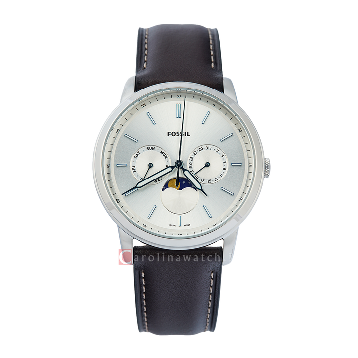 Jam Tangan Fossil Neutra FS5905 Moonphase Multifunction Men Silver Dial Brown Leather Strap