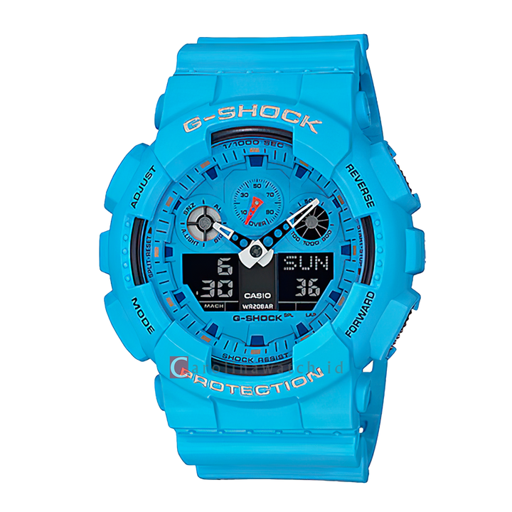 Jam Tangan Casio G-Shock GA-100RS-2A Men Blue Digital Analog Dial Blue Resin Band