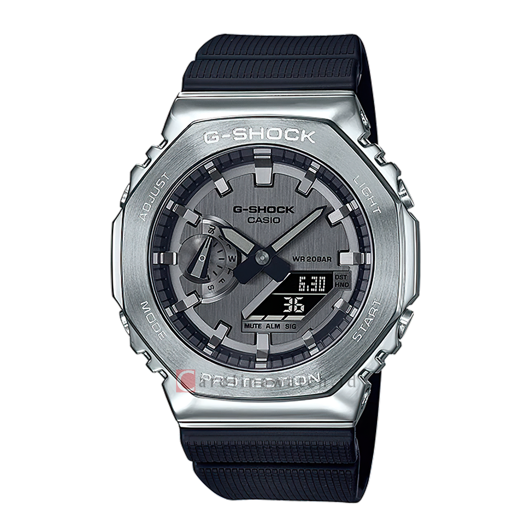 Jam Tangan Casio G-Shock GM-2100-1A Men CasiOak Metal Covered Grey Analog Digital Dial Black Resin Band