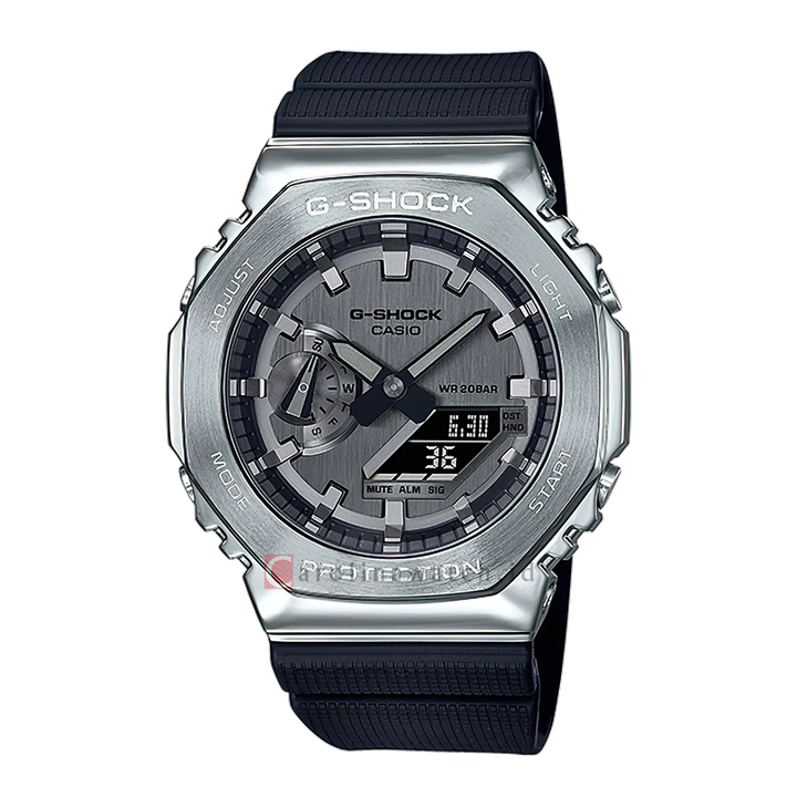 Jam Tangan Casio G-Shock GM-2100-1A Men CasiOak Metal Covered Grey Analog Digital Dial Black Resin Band
