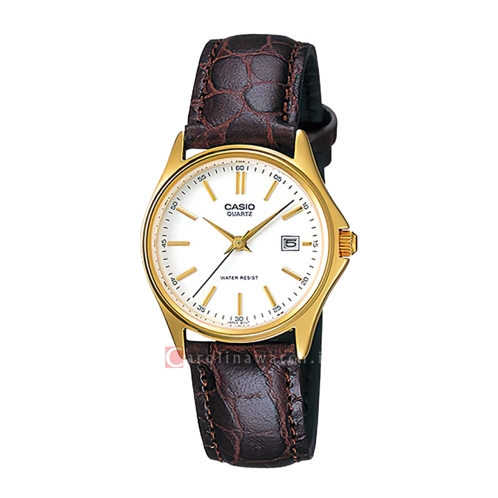 Jam Tangan Casio General LTP-1183Q-7A Women White Dial Dark Brown Leather Band