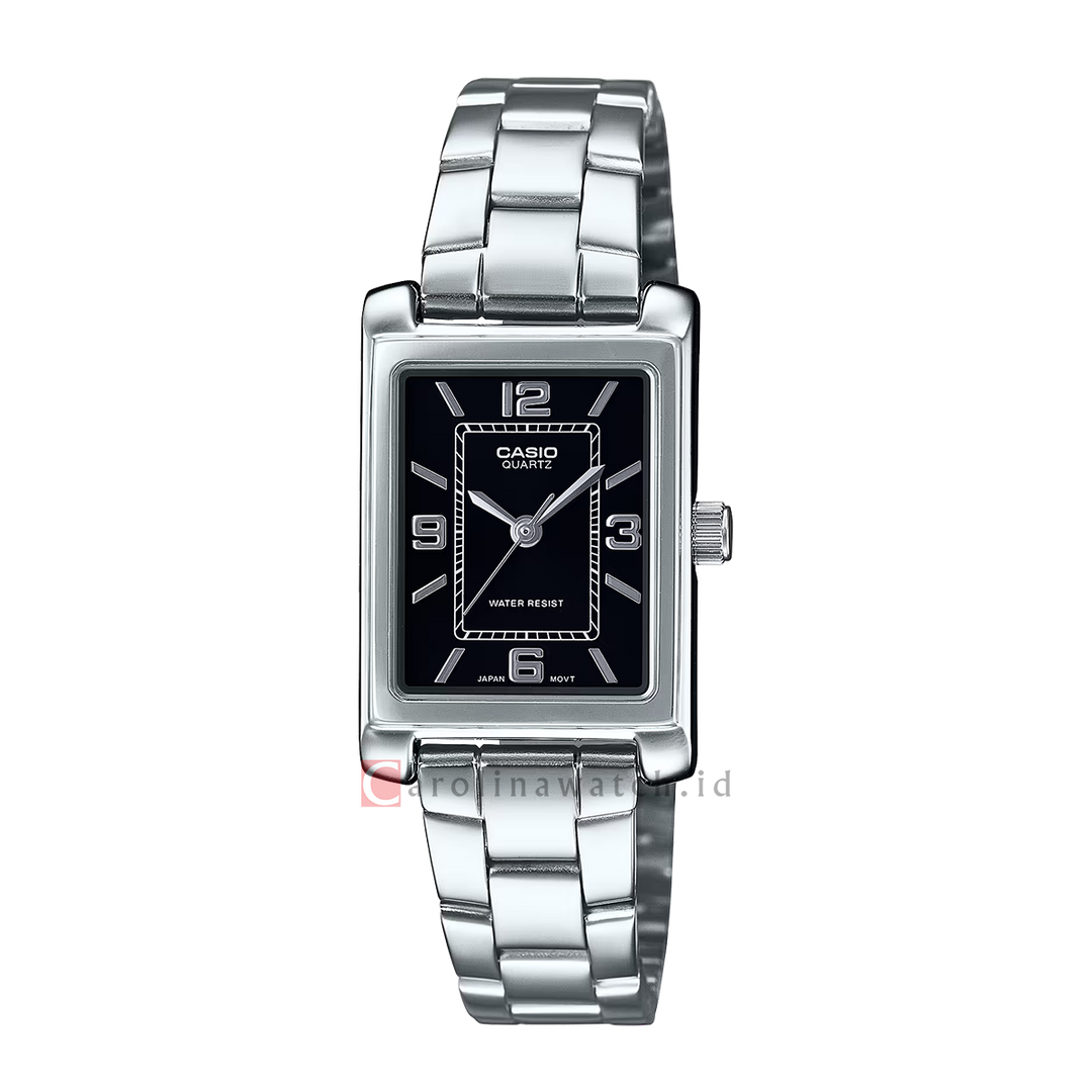Jam Tangan Casio General LTP-1234DD-1A Tank Women Black Dial Stainless Steel Band