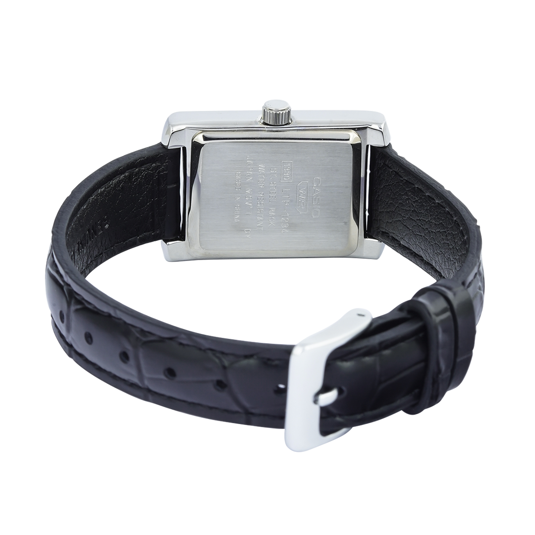 Jam Tangan Casio General LTP-1234LL-7A Tank Women Silver Dial Black Leather Band