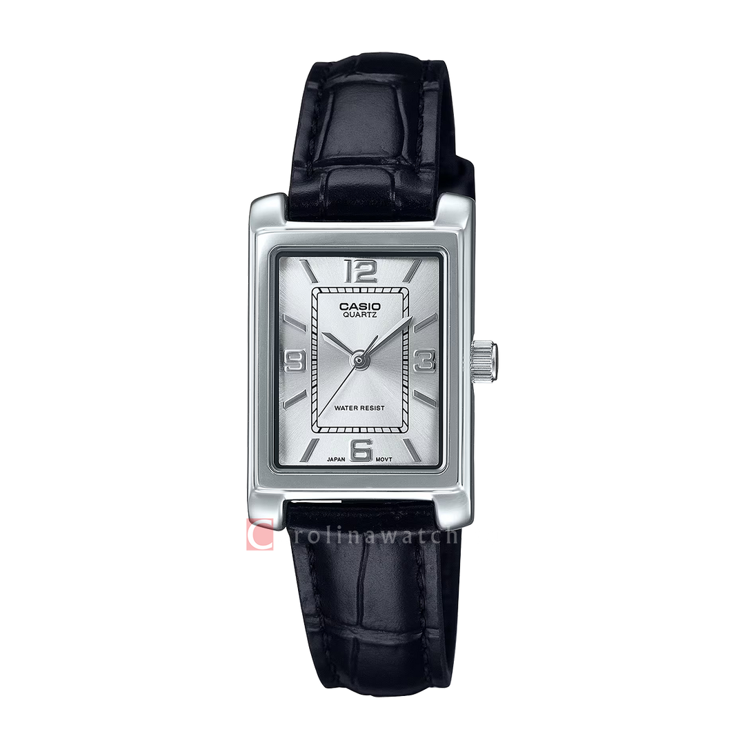 Jam Tangan Casio General LTP-1234LL-7A Tank Women Silver Dial Black Leather Band