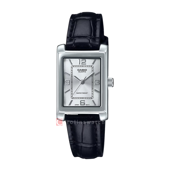 Jam Tangan Casio General LTP-1234LL-7A Tank Women Silver Dial Black Leather Band