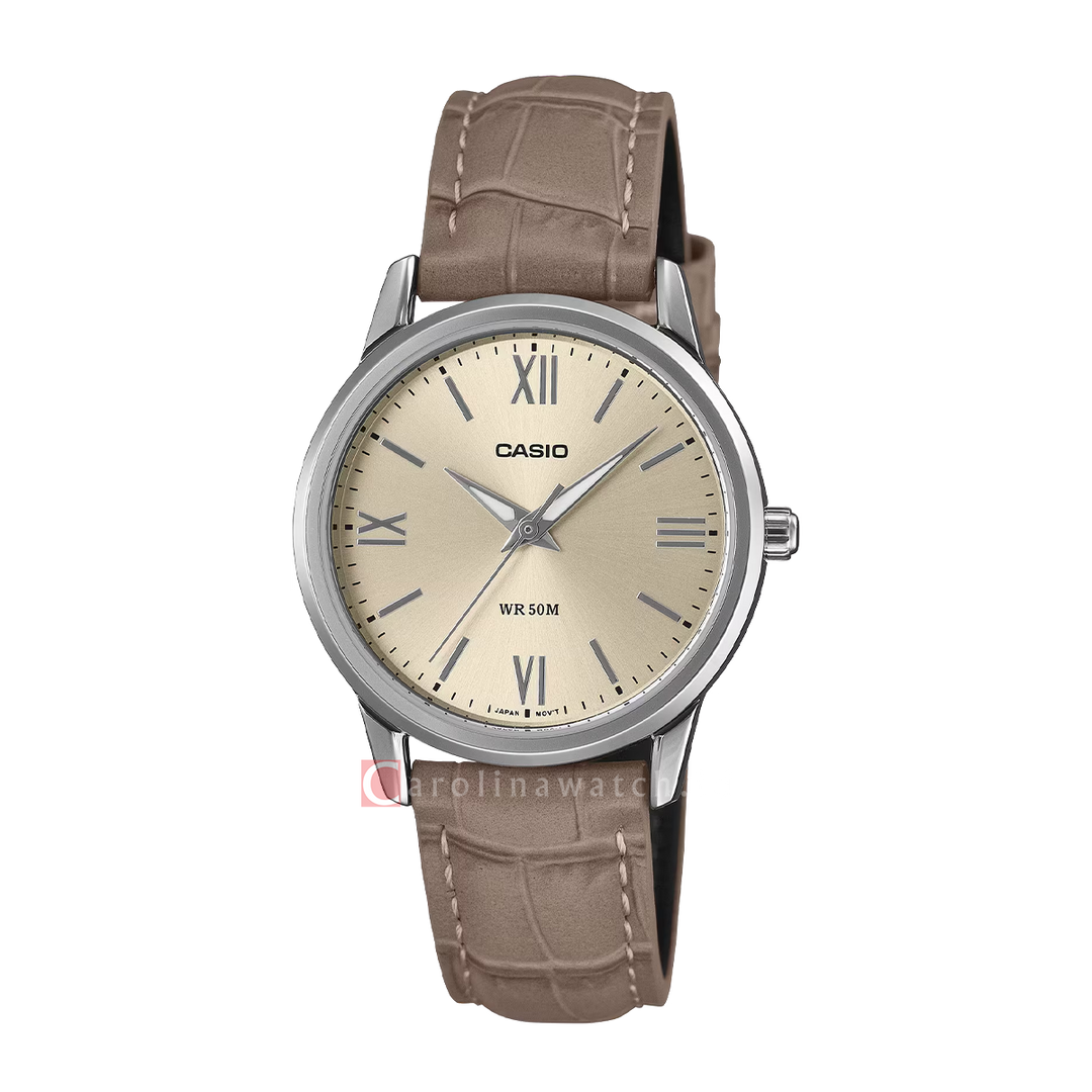 Jam Tangan Casio General LTP-1303LL-7A Women Gold Dial Brown Leather Band