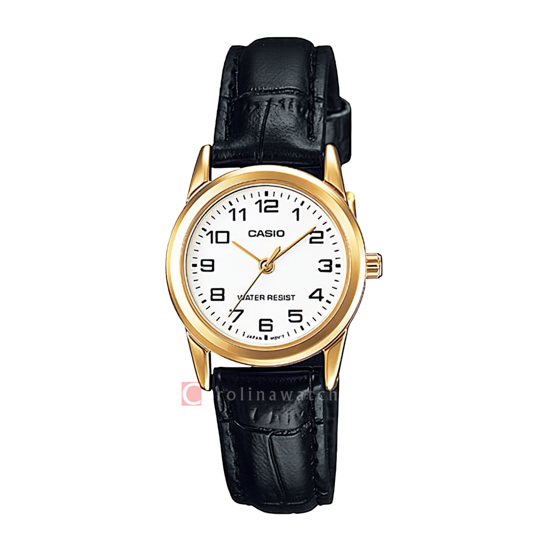 Jam Tangan Casio General LTP-V001GL-7B Women White Dial Black Leather Band