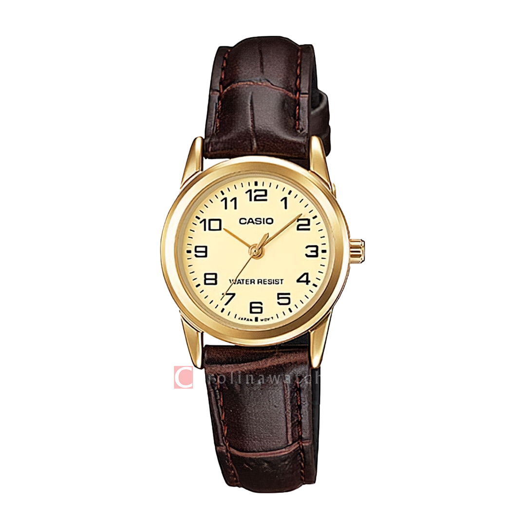 Jam Tangan Casio General LTP-V001GL-9B Women Gold Dial Dark Brown Leather Band