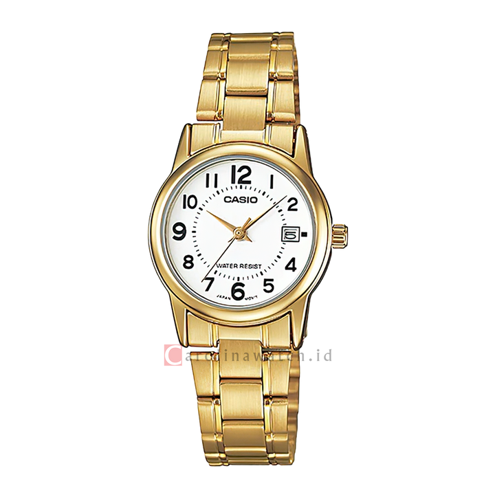 Jam Tangan Casio General LTP-V002G-7B Women White Dial Gold Stainless Steel Band