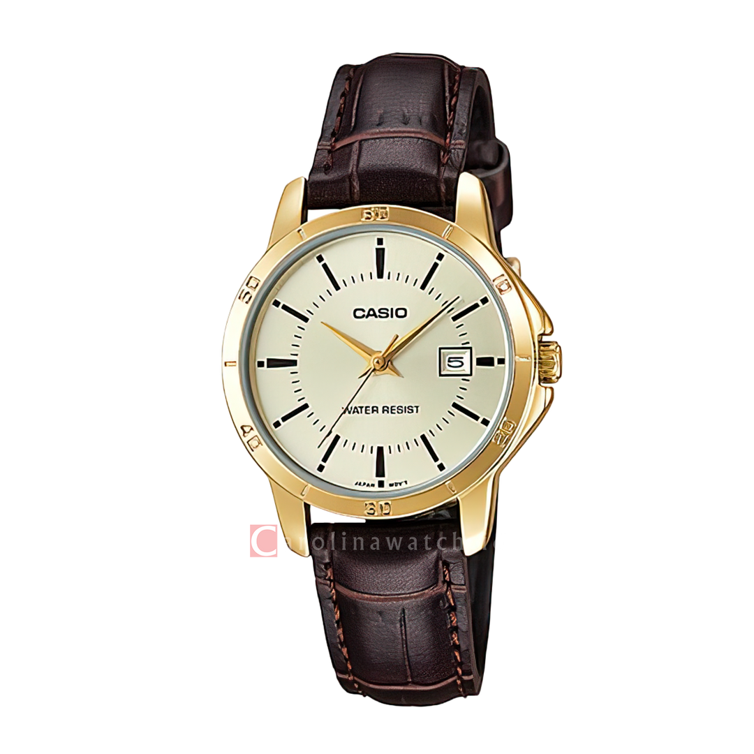 Jam Tangan Casio General LTP-V004GL-9A Women Silver Dial Brown Leather Band
