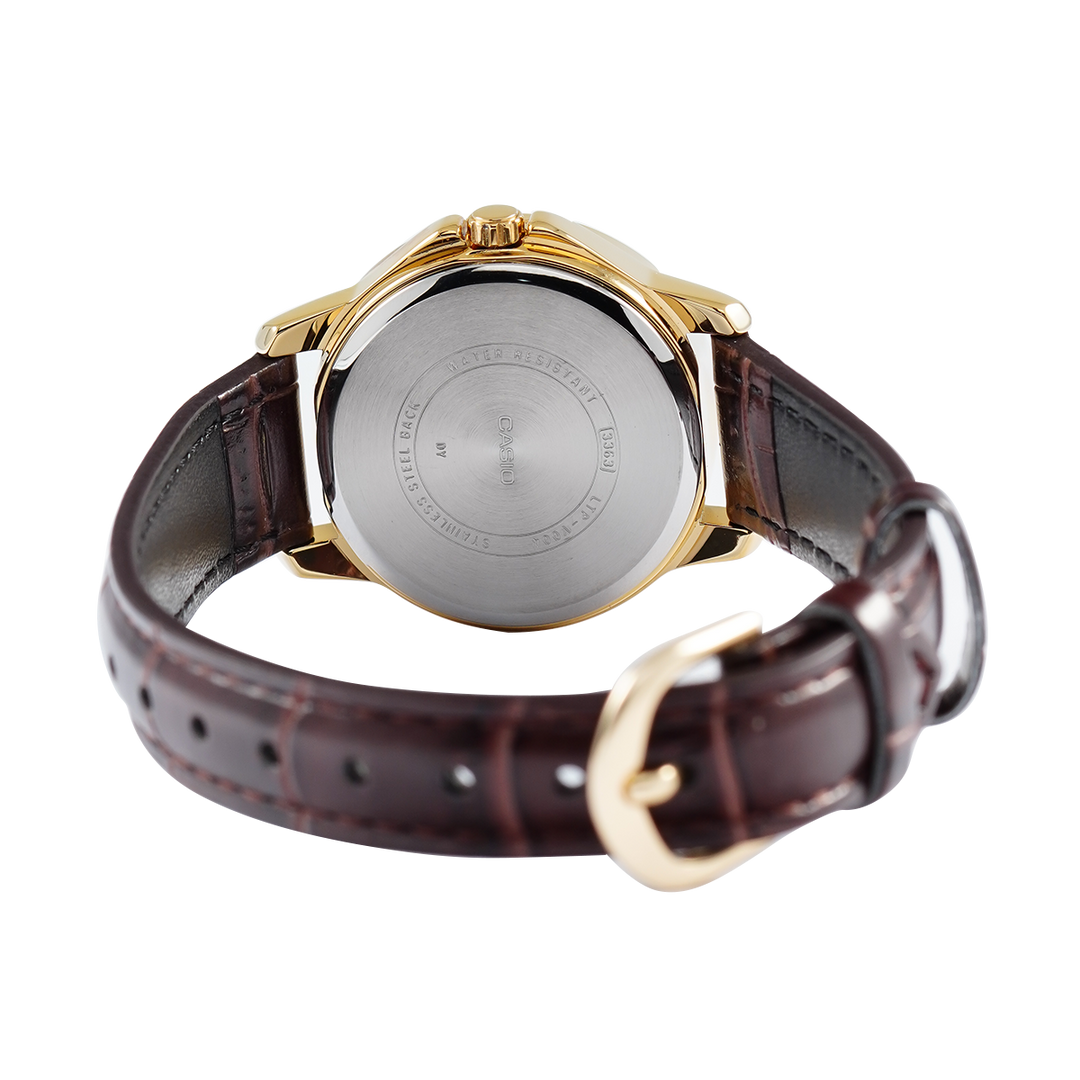 Jam Tangan Casio General LTP-V004GL-9A Women Silver Dial Brown Leather Band