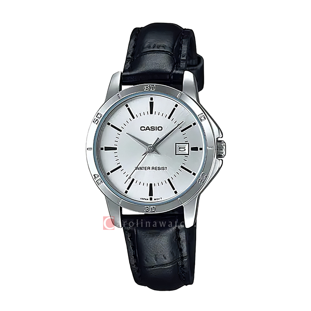 Jam Tangan Casio General LTP-V004L-7A Women Silver Dial Black Leather Band