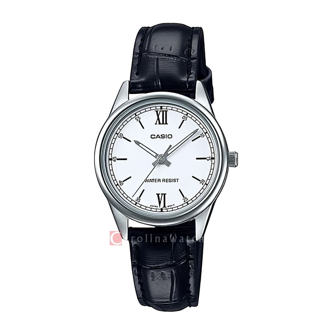 Jam Tangan Casio General LTP-V005L-7B2 Women White Dial Black Leather Band