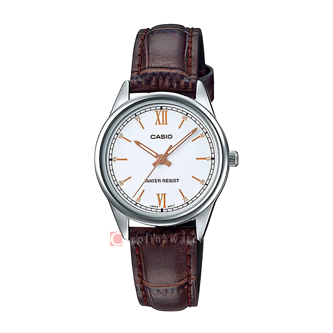Jam Tangan Casio General LTP-V005L-7B3 Women White Dial Brown Leather Band