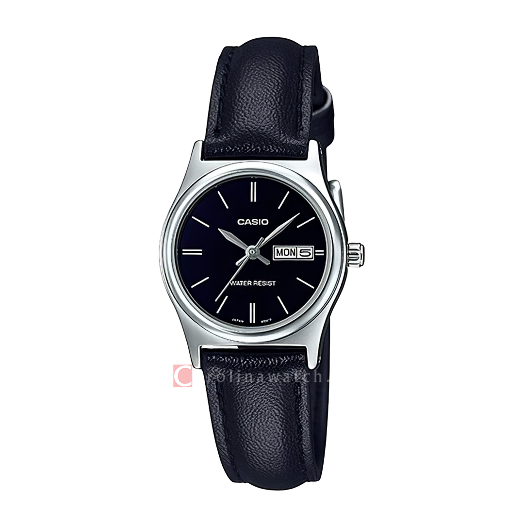 Jam Tangan Wanita Casio General LTP-V006L-1B Women Black Dial Black Leather Band