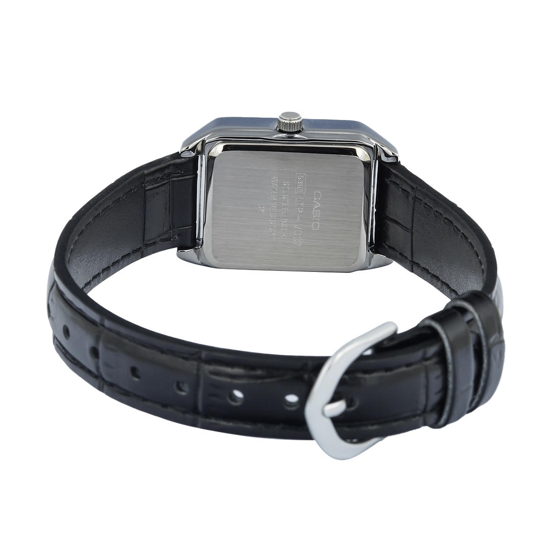 Jam Tangan Casio General LTP-V007L-1B Tank Women Black Dial Black Leather Band