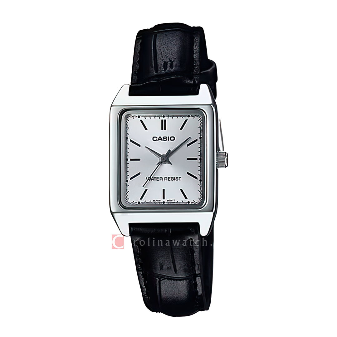 Jam Tangan Casio General LTP-V007L-7E1 Tank Women Silver Dial Black Leather Band