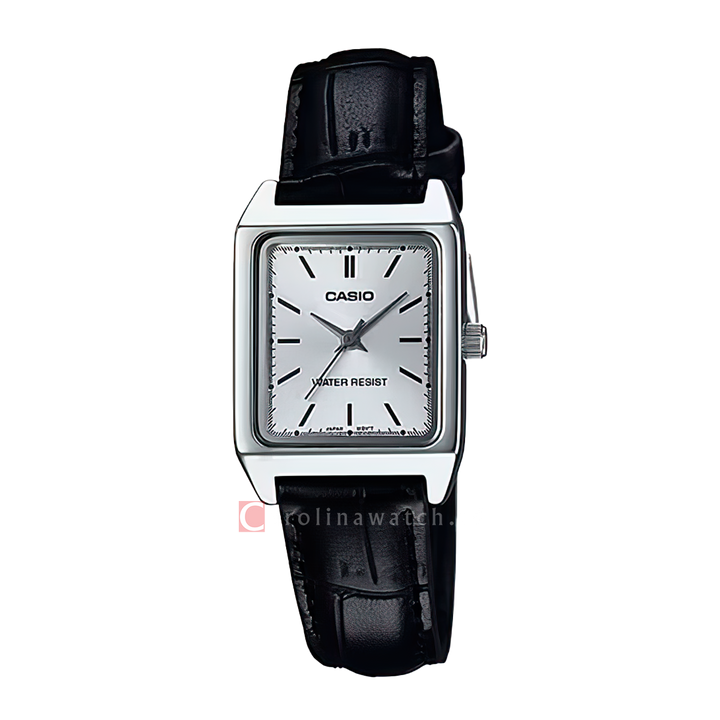 Jam Tangan Casio General LTP-V007L-7E1 Tank Women Silver Dial Black Leather Band
