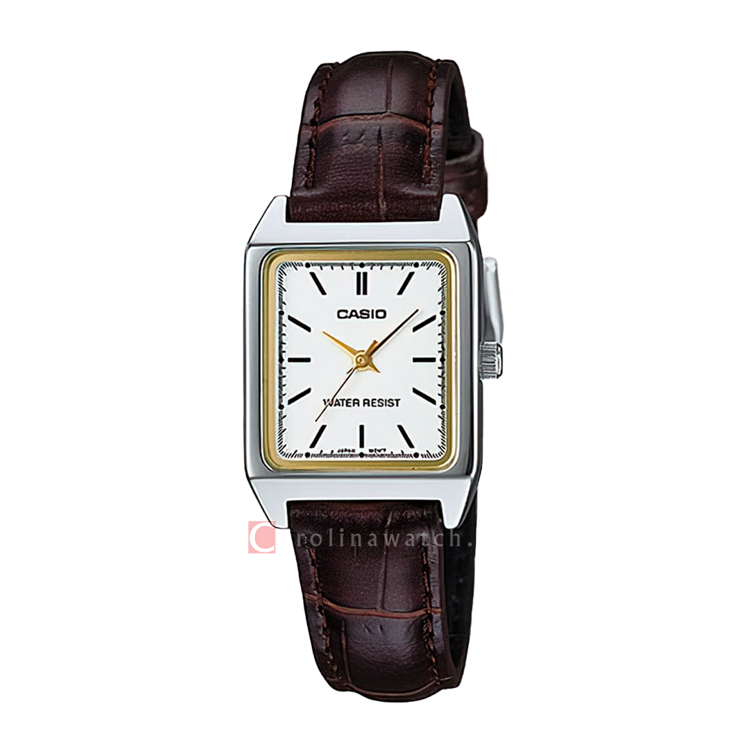 Jam Tangan Casio General LTP-V007L-7E2 Tank Women Silver Dial Brown Leather Band