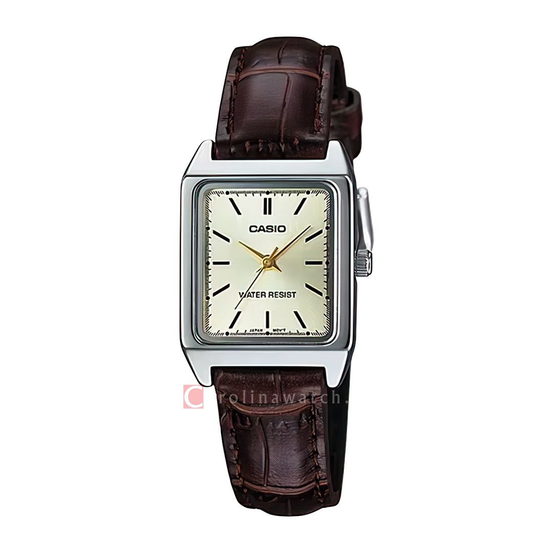 Jam Tangan Casio General LTP-V007L-9E Tank Women Champagne Dial Brown Leather Band