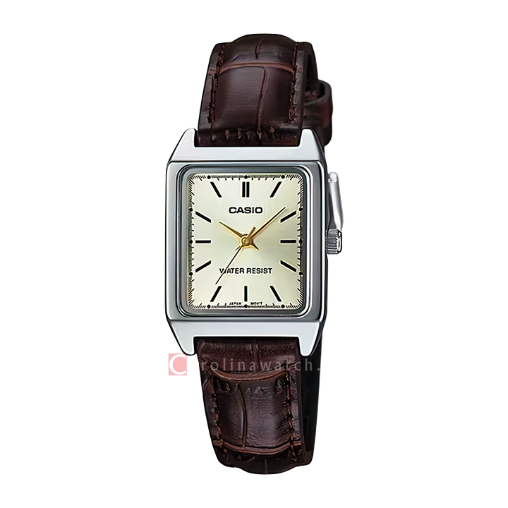 Jam Tangan Casio General LTP-V007L-9E Tank Women Champagne Dial Brown Leather Band
