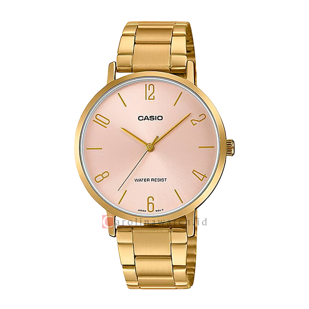 Jam Tangan Casio General LTP-VT01G-4B Women Pink Dial Gold Stainless Steel Band