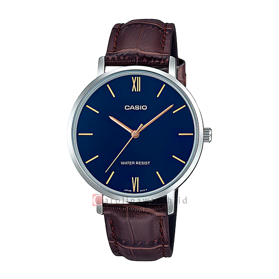 Jam Tangan Casio Standard LTP-VT01L-2B Women Blue Dial Brown Leather Band