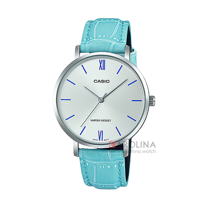 Jam Tangan Casio Standard LTP-VT01L-7B3 Women Silver Dial Blue Leather Band