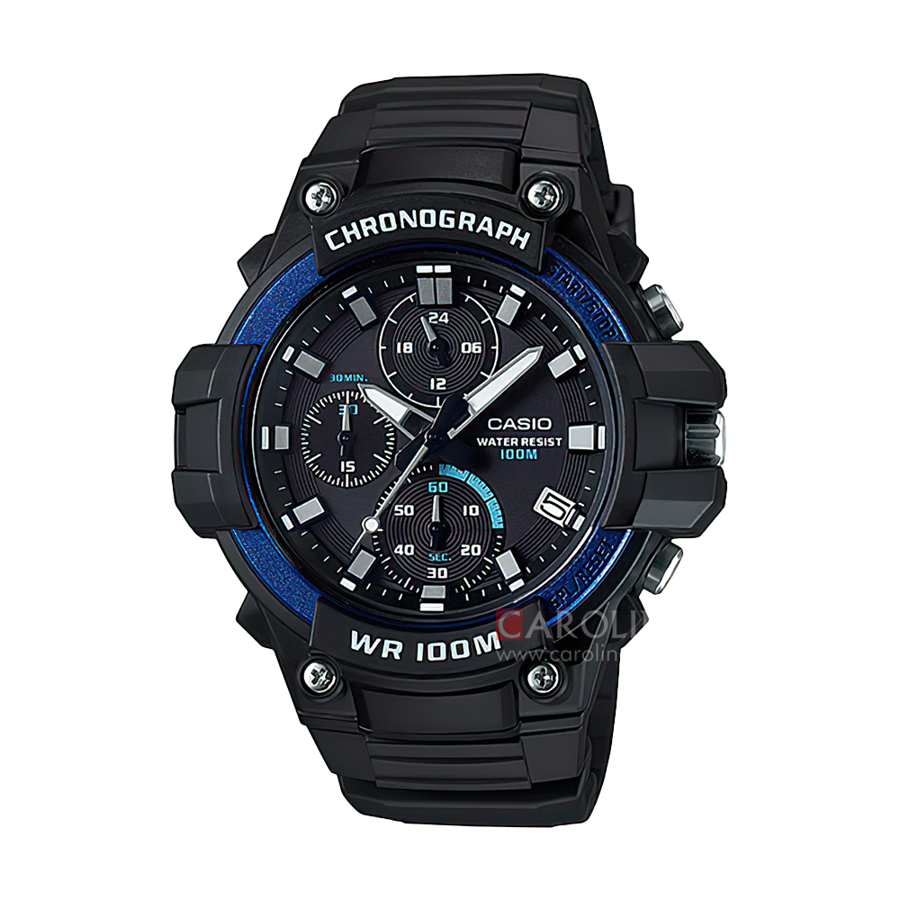 Jam Tangan CASIO Chronograph MCW-110H-2A Men Black Dial Black Resin Band