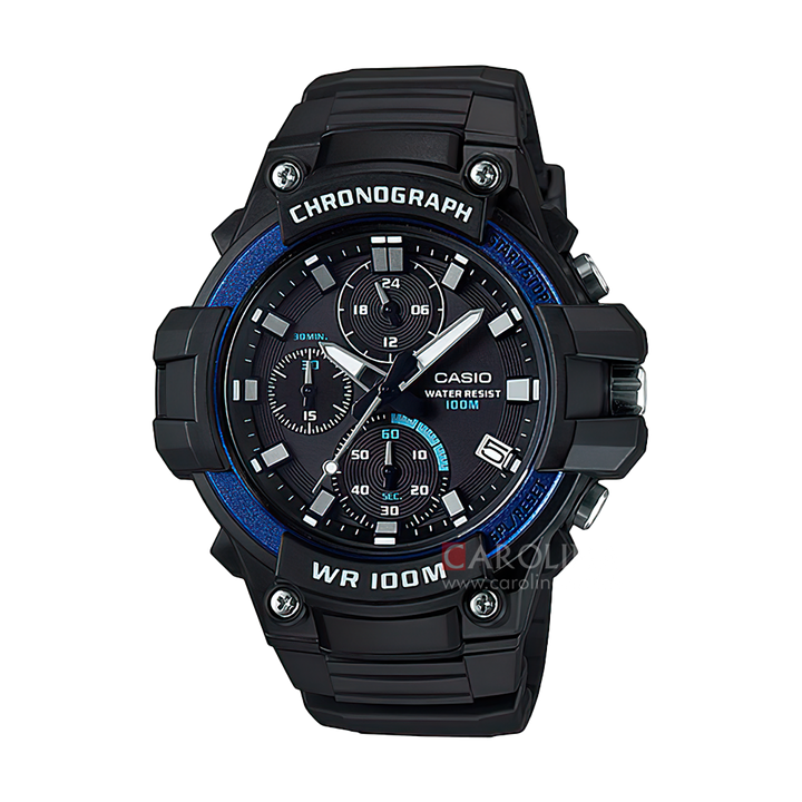 Jam Tangan CASIO Chronograph MCW-110H-2A Men Black Dial Black Resin Band