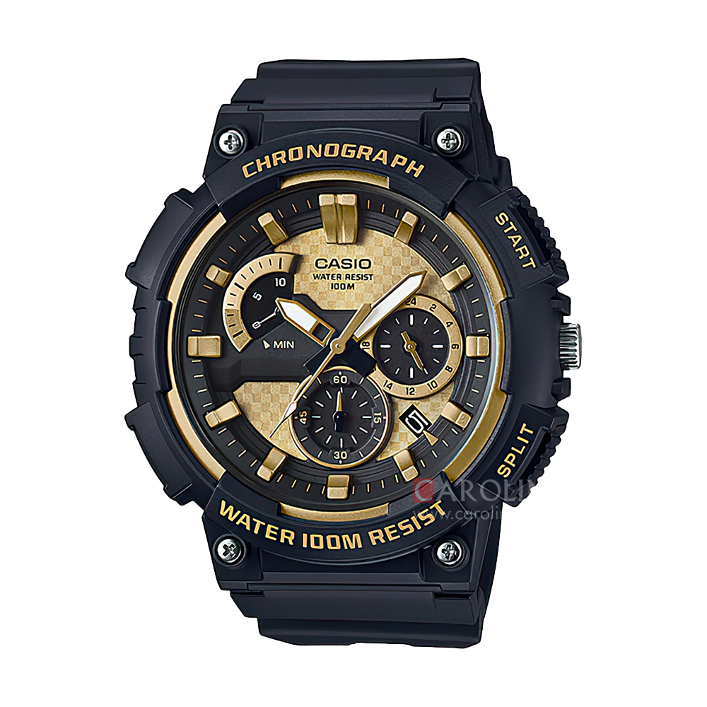 Jam Tangan Casio Chronograph MCW-200H-9A Men Black and Gold Dial Black Resin Band