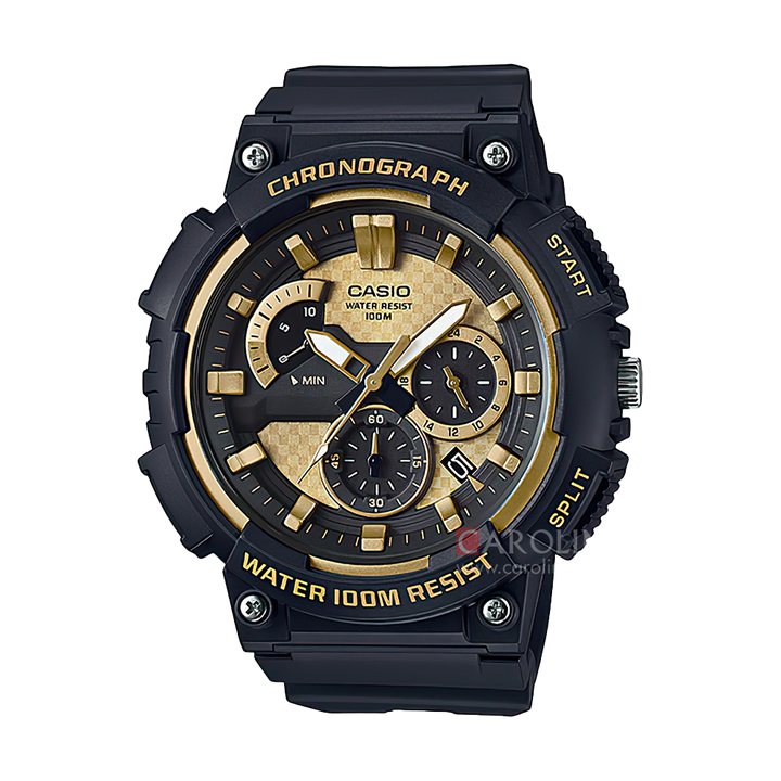 Jam Tangan Casio Chronograph MCW-200H-9A Men Black and Gold Dial Black Resin Band
