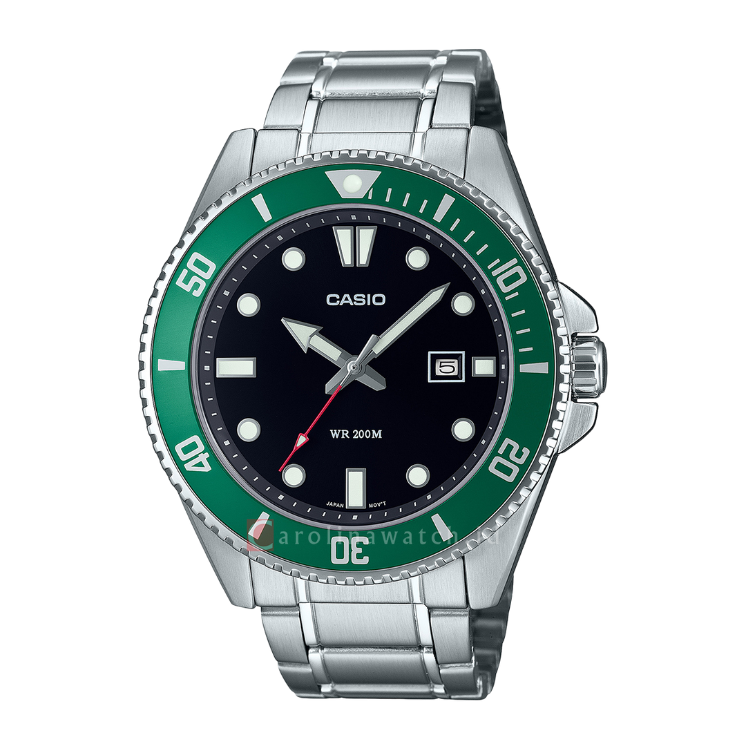 Jam Tangan Casio General MDV-107D-3A Men Green Dial Stainless Steel Band