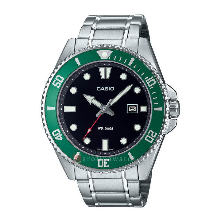 Jam Tangan Casio General MDV-107D-3A Men Green Dial Stainless Steel Band