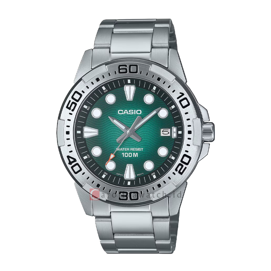 Jam Tangan Casio Standard MTD-140D-3A Men Green Dial Stainless Steel Band