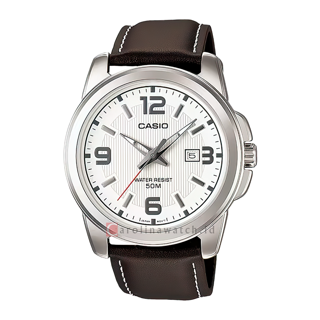 Jam Tangan Casio MTP-1314L-7A Enticer Men White Dial Dark Brown Leather Band