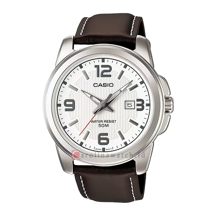 Jam Tangan Casio MTP-1314L-7A Enticer Men White Dial Dark Brown Leather Band