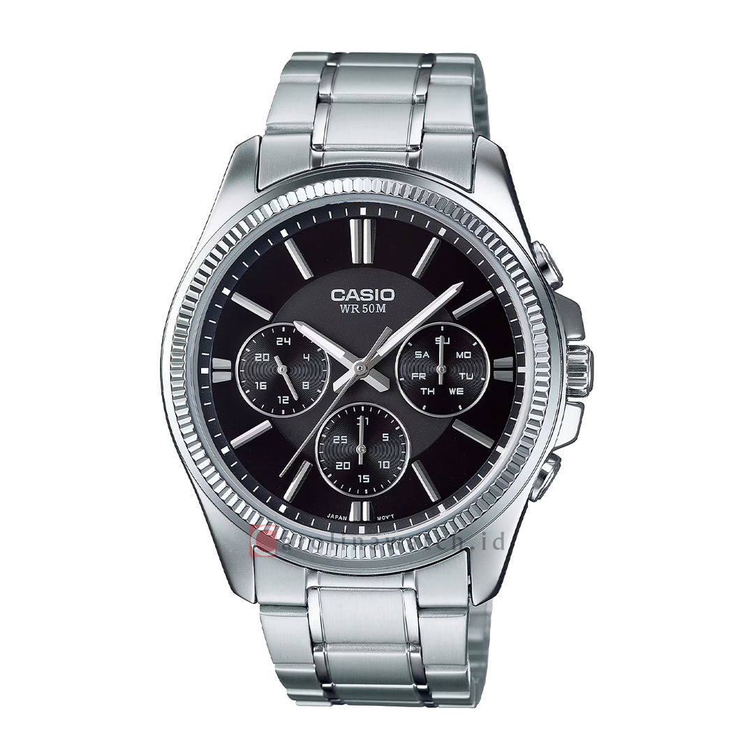 Jam Tangan Casio Chronograph MTP-1375D-1A Men Black Dial Stainless Steel Band