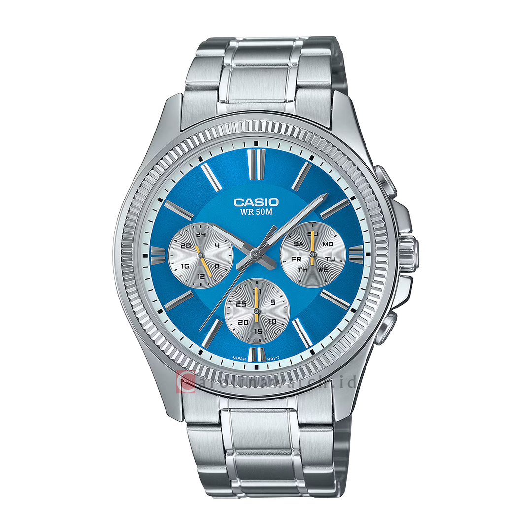 Jam Tangan Casio Chronograph MTP-1375D-2A2 Men Blue Dial Stainless Steel Band