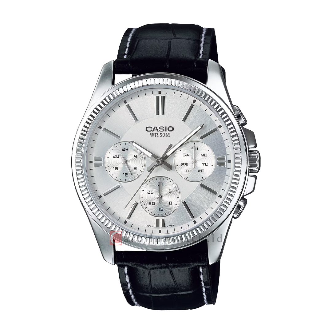 Jam Tangan Casio Chronograph MTP-1375L-7A Men Silver Dial Black Leather Band